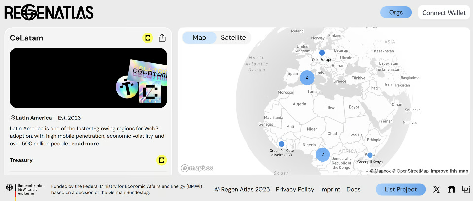 Regen Atlas platform showing CeLatam organization page with map interface